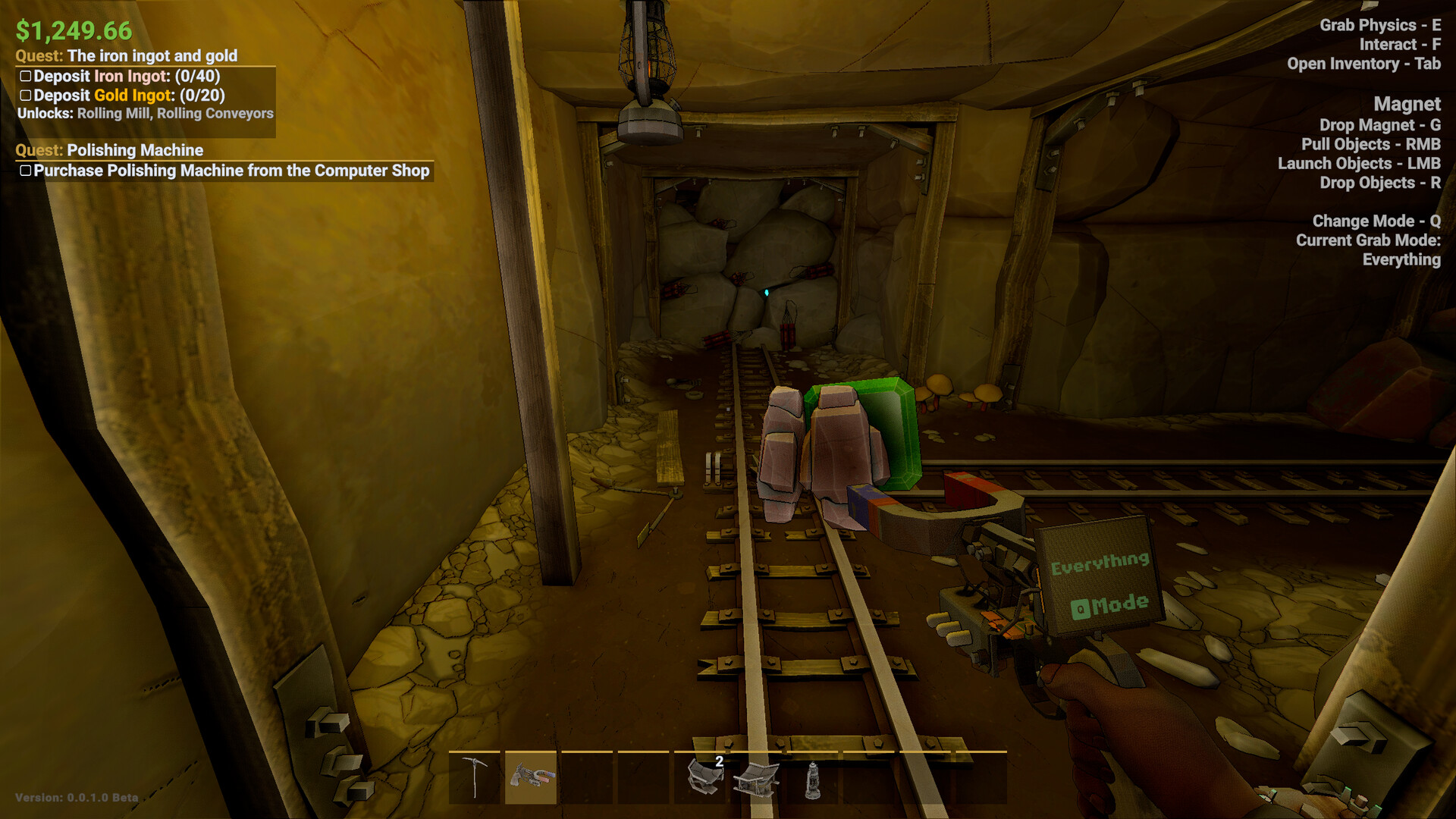 Early-game minecart tunnel with rocks and a green gem